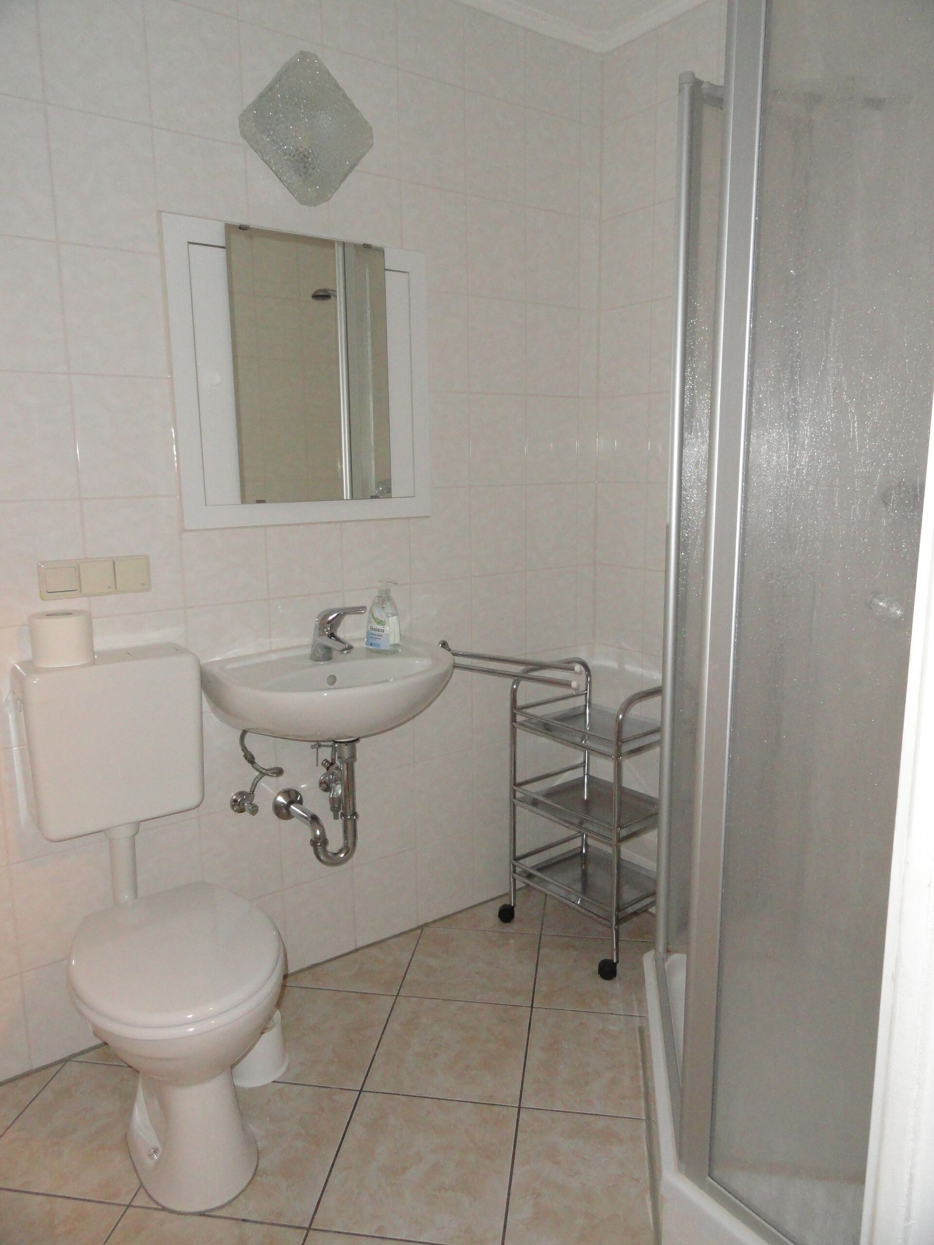 Gästewohnung in Gröditz Mozartallee 11-1 - Badezimmer mit Toilette, Waschbecken, Regal, Dusche und Spiegel