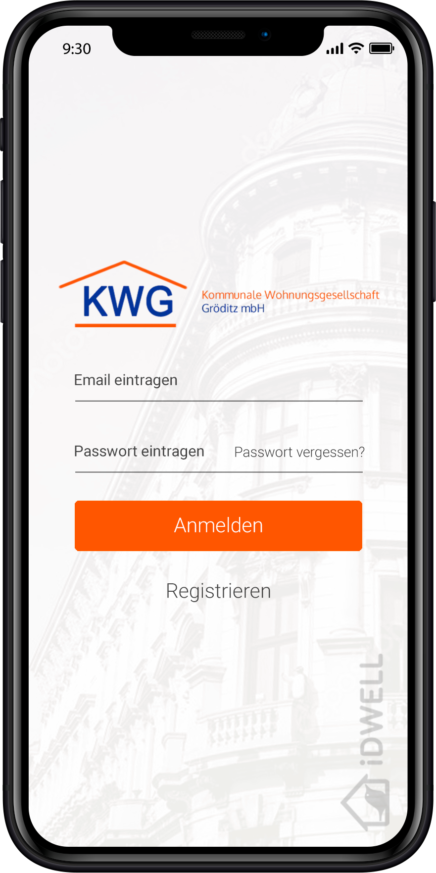 Screenshot der KWG Gröditz App auf einem Smartphone, geöffnet ist die Anmeldung mit E-Mail und Passwort eintragen