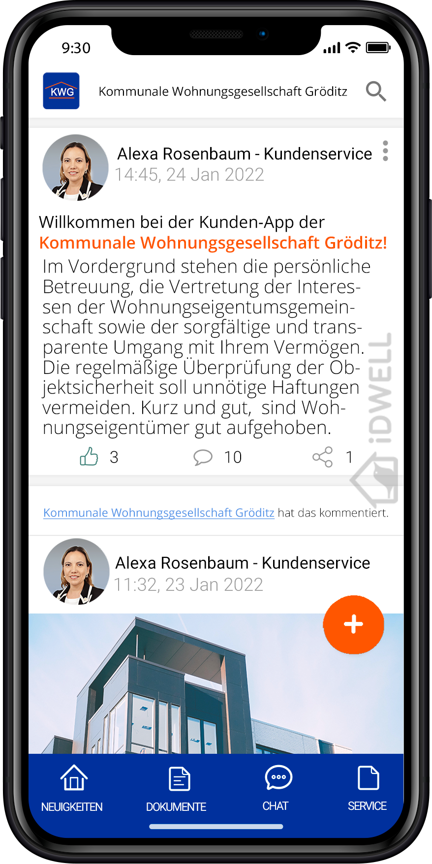 Screenshot der KWG Gröditz App auf einem Smartphone, geöffnet ist der Kundenservice mit verschiedenen Funktionen und Nutzerinformationen.