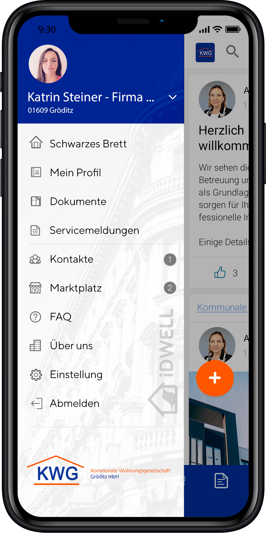 Screenshot der KWG Gröditz App auf einem Smartphone, geöffnetes Hauptmenü mit verschiedenen Funktionen und Nutzerinformationen.